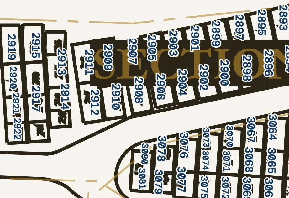 Original map: dark section blocks and old numbers crossing the lot edges
