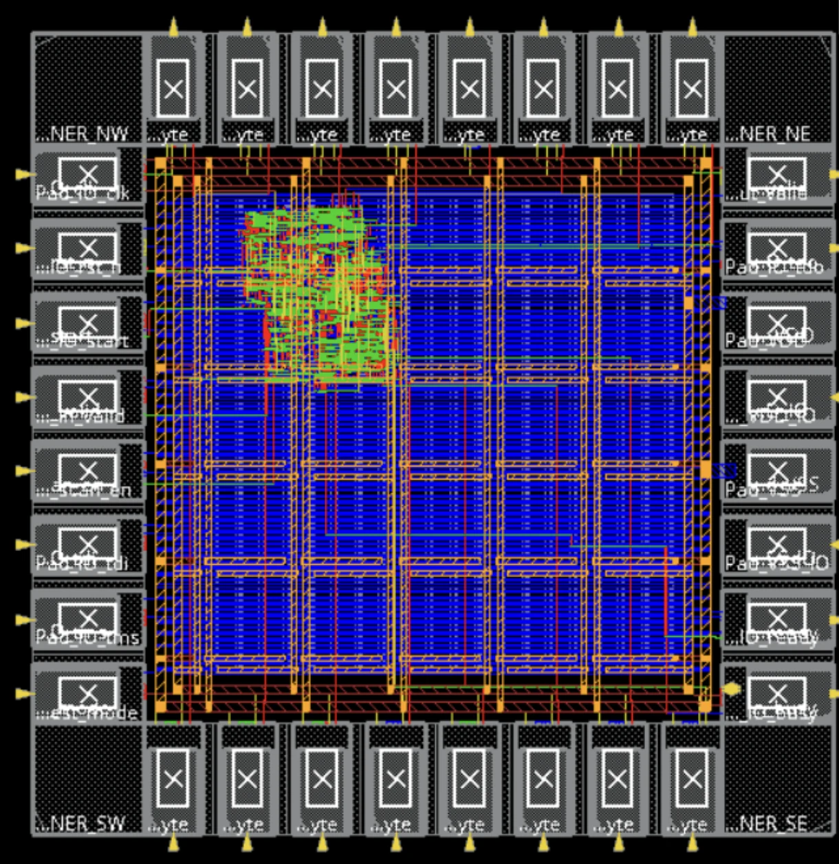 The placed-and-routed design in Cadence Innovus, with the logic clustered at the top left of the core
