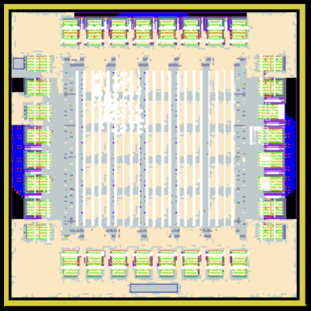 The final chip layout: the core inside a ring of I/O pads, with fill and a yellow seal ring around the edge