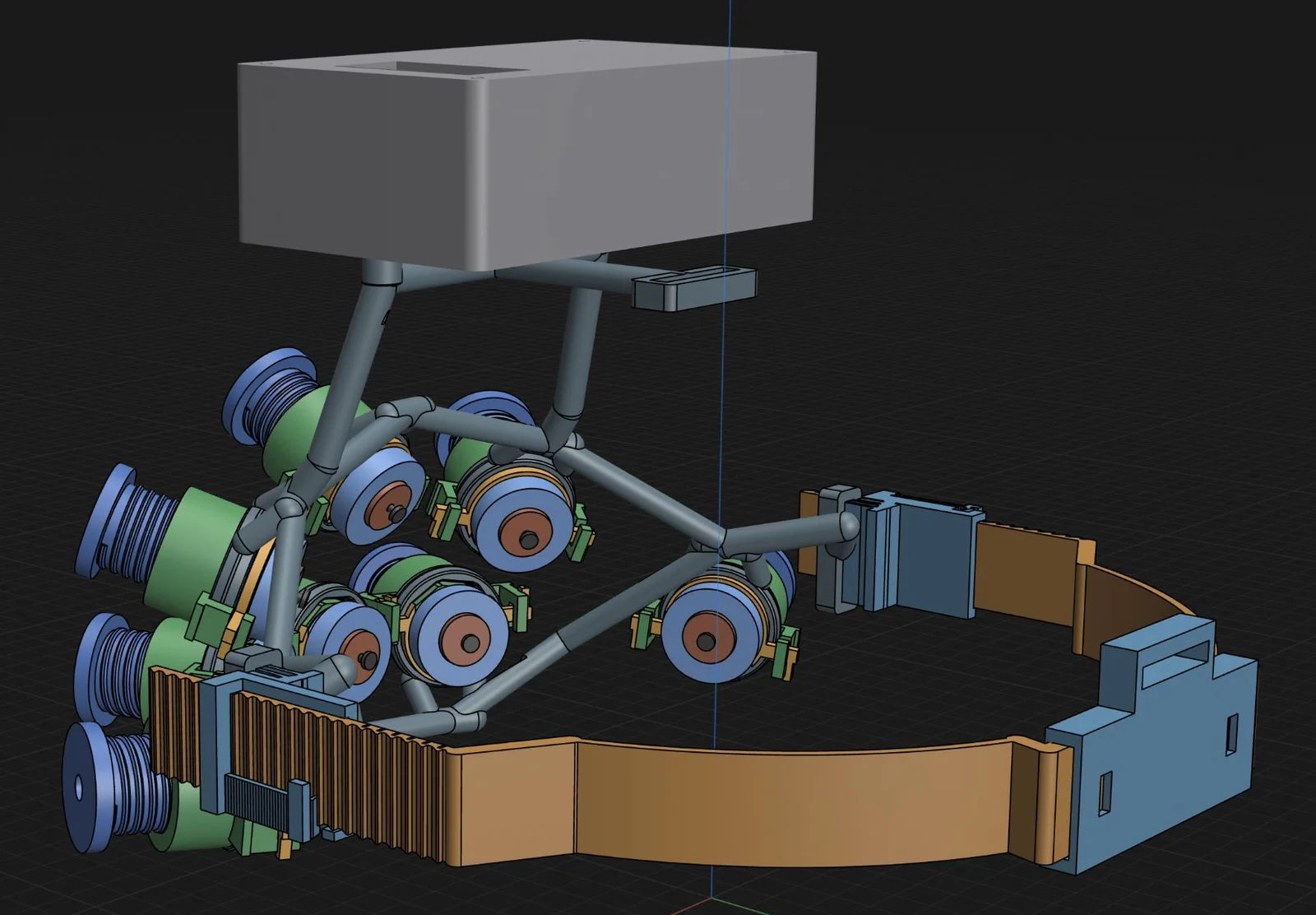 CAD of the complete NeuroRover headset: the board housing on top, a frame of eight electrode holders beneath it, and an adjustable ratcheting strap