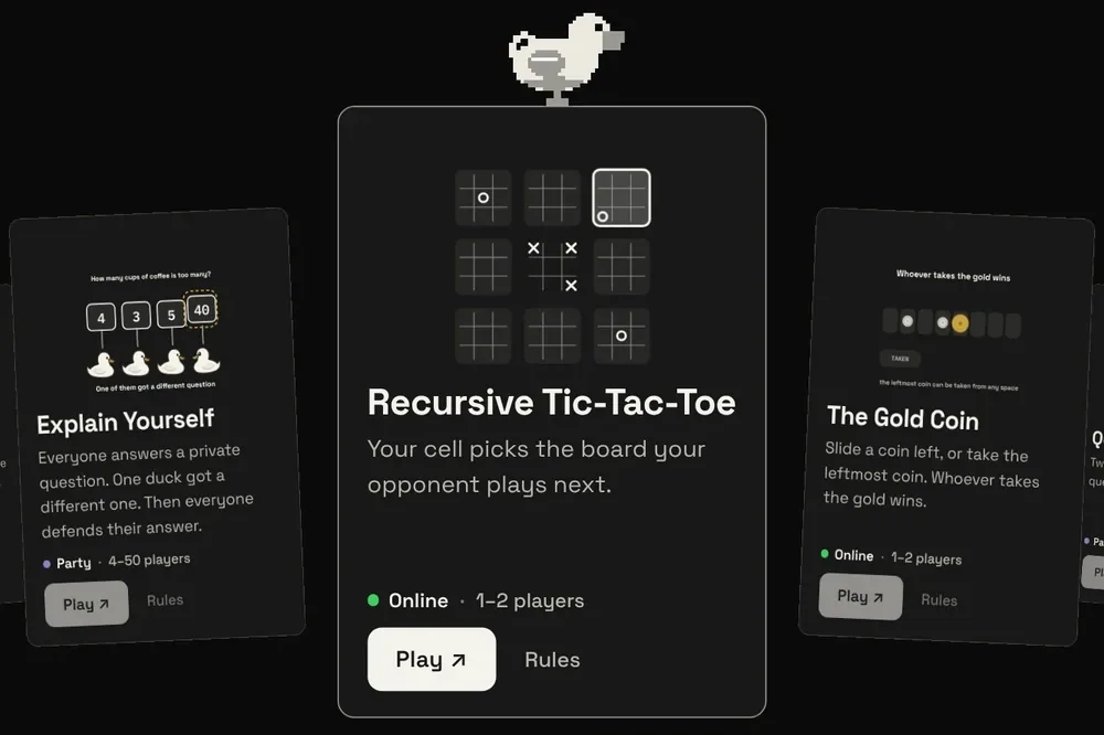The Games section of zfgames.org: a curved deck of game cards with Recursive Tic-Tac-Toe in front, a pixel duck on top, and Create room and Join room below